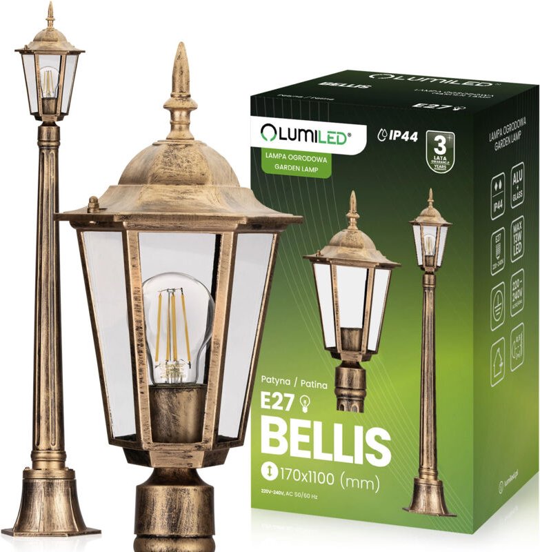 Thumbnail - Gartenleuchte E27, niedrige Pfostenlaterne 110 cm, Patina, BELLIS LUMILED