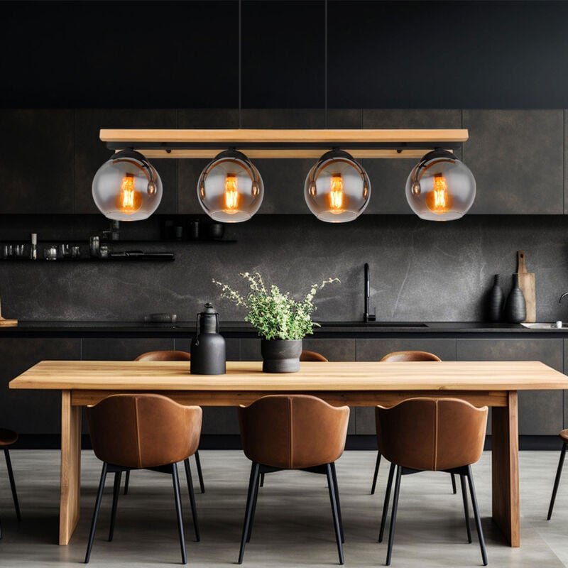 Pendelleuchte Hängelampe Holzoptik Esszimmerleuchte Landhaus Pendellampe 4 flammig, Metall schwarz, 4x E27 Fassung, LxBx...