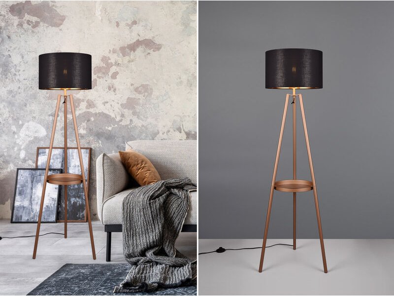 Trio - Tripod Stehleuchte colette mit Stoffschirm in Schwarz/Gold & Ablagetisch h 152cm