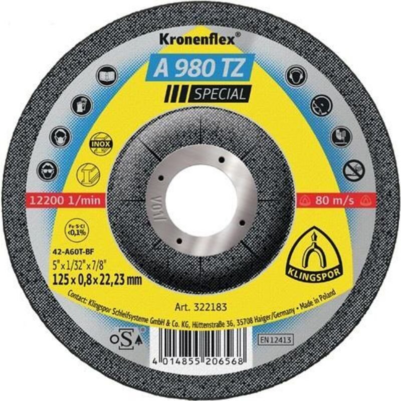 Klingspor - Trennscheibe a 980 tz Special D125x0,8mm gekröpft inox Bohrung 22,23 mm