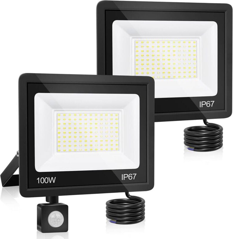 100-W-LED-Flutlicht für den Außenbereich mit Bewegungsmelder, 2er-Pack, IP66 wasserdichter LED-Strahler mit Sensor, 1150...