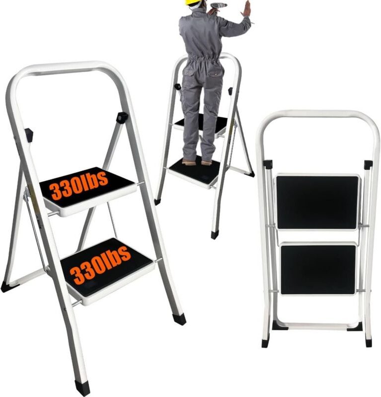 2-stufige Klappleiter für Haus und Küche, rutschfeste Trittstufe, tragbare Metallleiter, leicht zu verstauen, Tragkraft ...