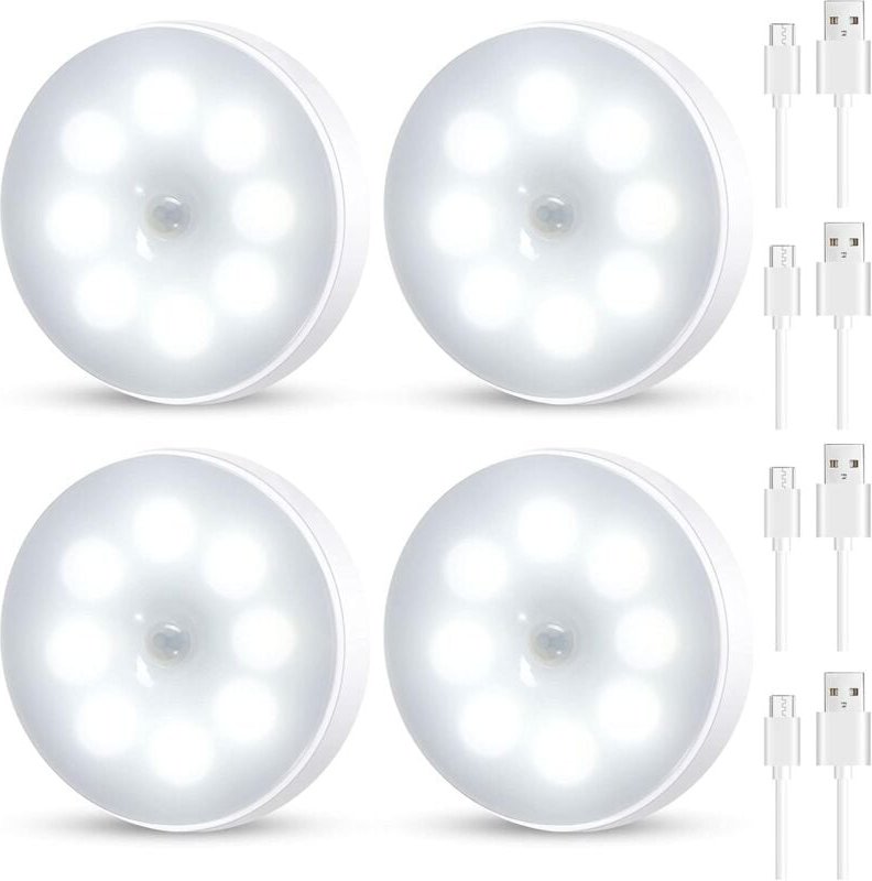 4er-Pack LED-Nachtlichter mit Bewegungsmelder, 3,3 Zoll kabellose wiederaufladbare Nachtlichter für den Innenbereich, we...