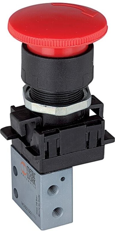 3/2-Miniventil, manuell, Pilztaster Notrastung, nc, M5 seitl. - Riegler