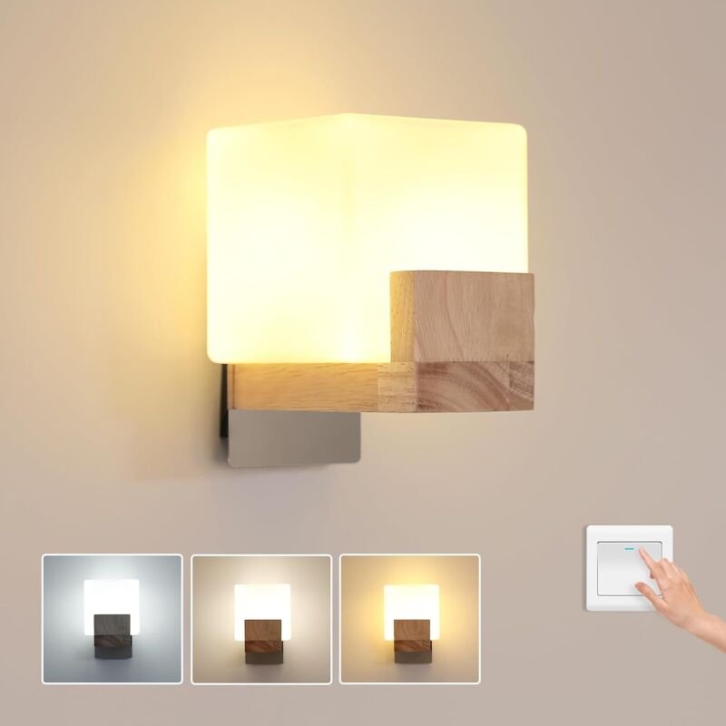 Innenwandleuchte, Dimmbare LED-Wandleuchte aus Holz 20W, Moderne Wandleuchte mit 3 Farbtemperaturen für Schlafzimmer Flu...