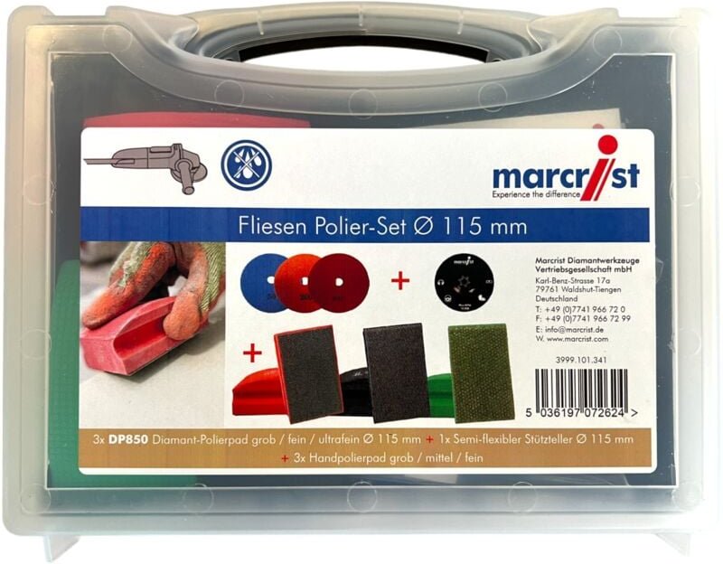 Fliesen-Polier Set 115mm + 1x Klett-Stützteller + 3x Klett-Diamantscheibe + 3x Handpolier-Pad ( 3999.101.341 ) + Koffer ...