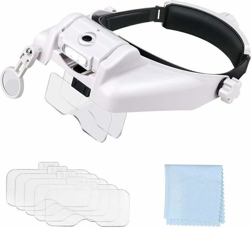 Kopfvergrößerungsbrille, beleuchtete Vergrößerungsbrille mit 3 LEDs - 5 abnehmbare Linsen 1,0x bis 3,5x - 8x Zusatzlinse...