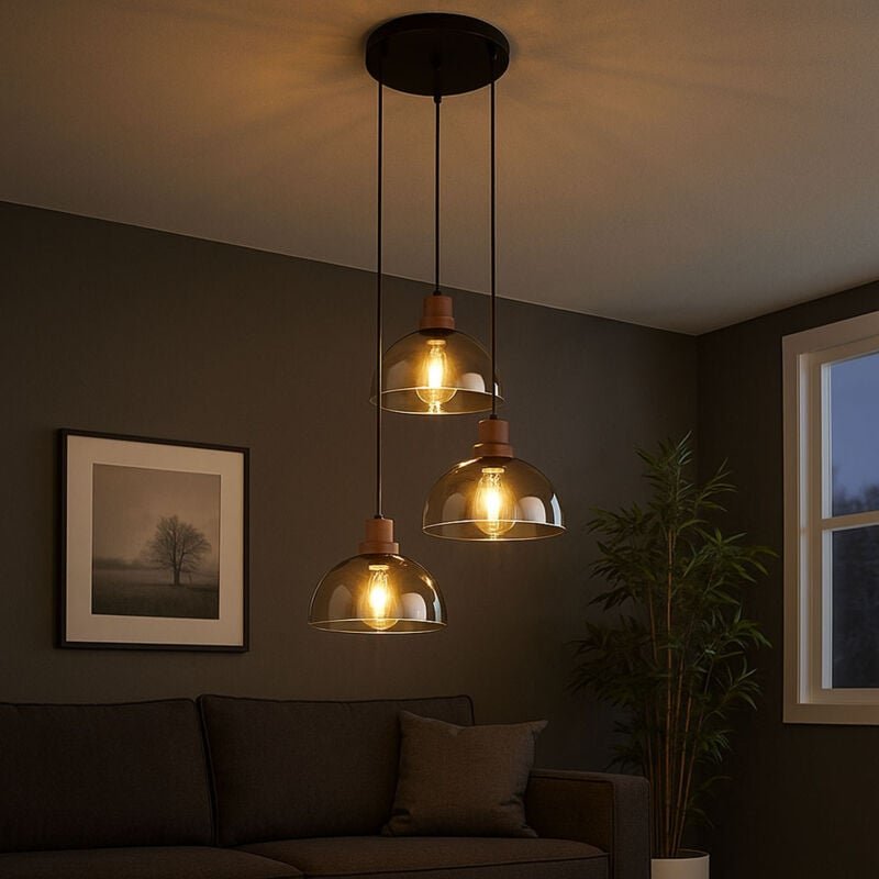 Hängelampe Holzlampe 3 flammig Glasschirm Pendelleuchte Hängeleuchte Wohnzimmerlampe, Metall Glas, schwarz braun, 3x E27...