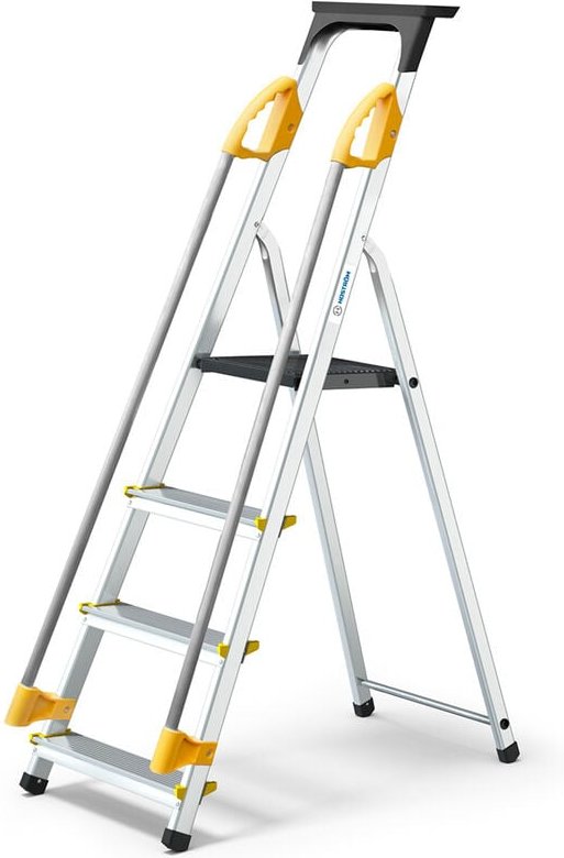 Trittleiter 4 Stufen DURAMP, mit Sicherheitsgeländer und Werkzeugablage, leicht und zusammenklappbar, Plattformhöhe 75 c...