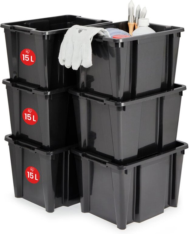 Thumbnail - Kunststoff-Aufbewahrungsbox, 45 l Garagen-Aufbewahrungsbox, 6er-Set, HB-15, Schwarz, stapelbar, ohne Deckel – L35 x T26,...