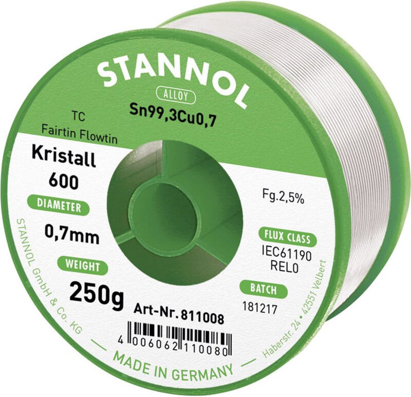 Stannol - Kristall 600 Fairtin Lötzinn, bleifrei bleifrei Sn99,3Cu0,7 REL0 250 g 0.7 mm