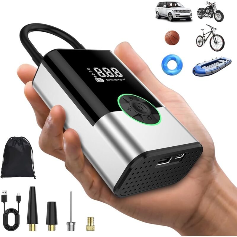 Tragbare Luftpumpe 6000 mAh, 150 PSI, kabellos, elektrisch, fürs Auto, tiefschwarz.