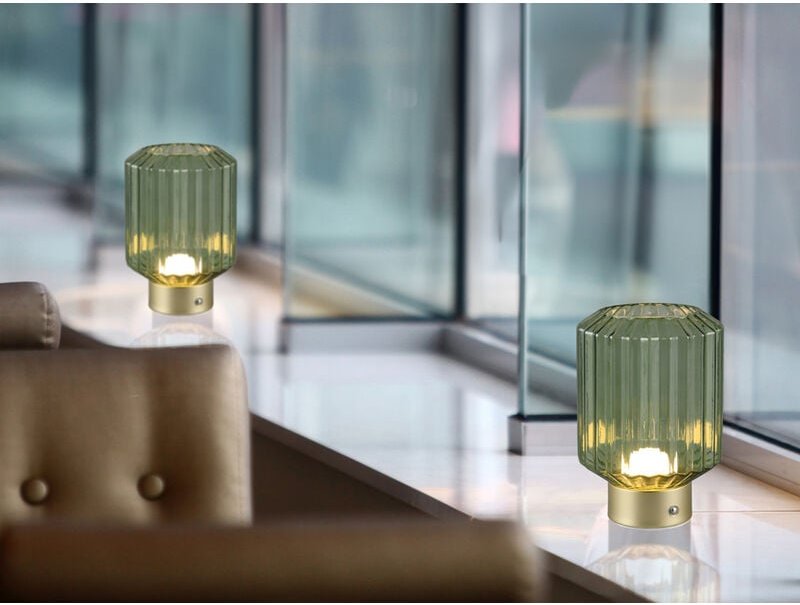 Meinewunschleuchte - 2er set kleine Akku Tischleuchten mit Glas Lampenschirm Grün, Höhe 19cm