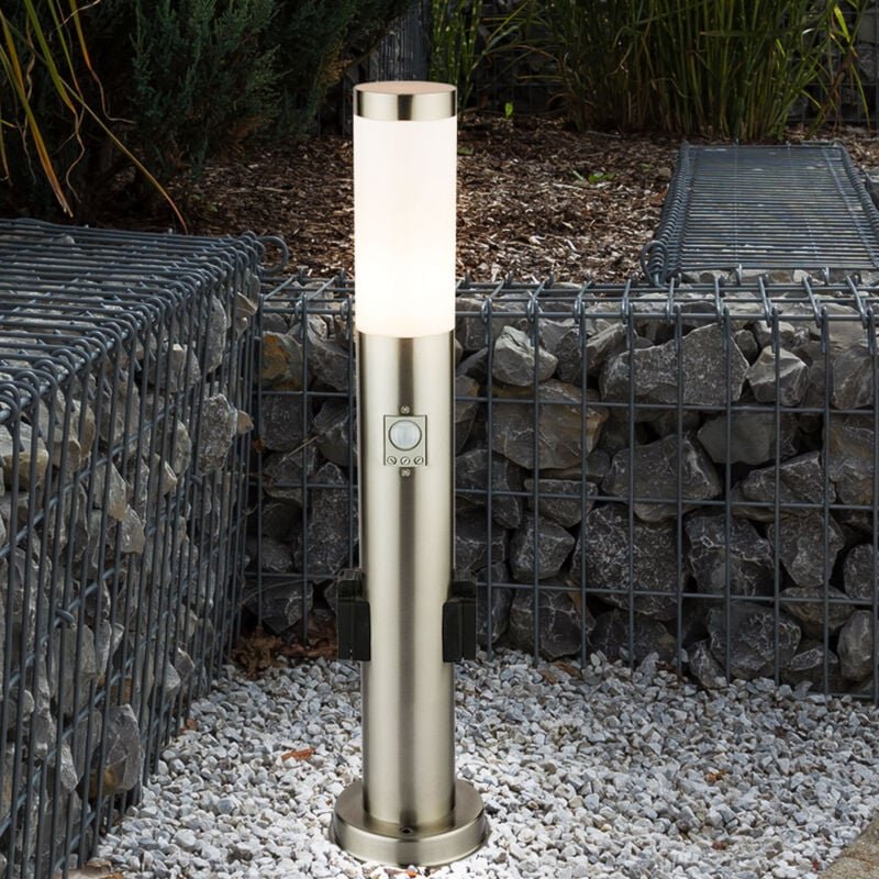 Edelstahl Steh Lampe Außen Steckdosen Bewegungsmelder Garten Wege Leuchte silber im Set inkl. led Leuchtmittel