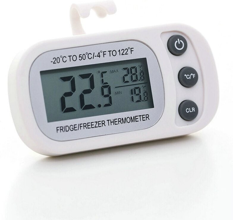 Kühlschrankthermometer, LCD-Bildschirm, wasserdichtes digitales Gefrierschrankthermometer mit Magnethaken, weißes Kühlsc...