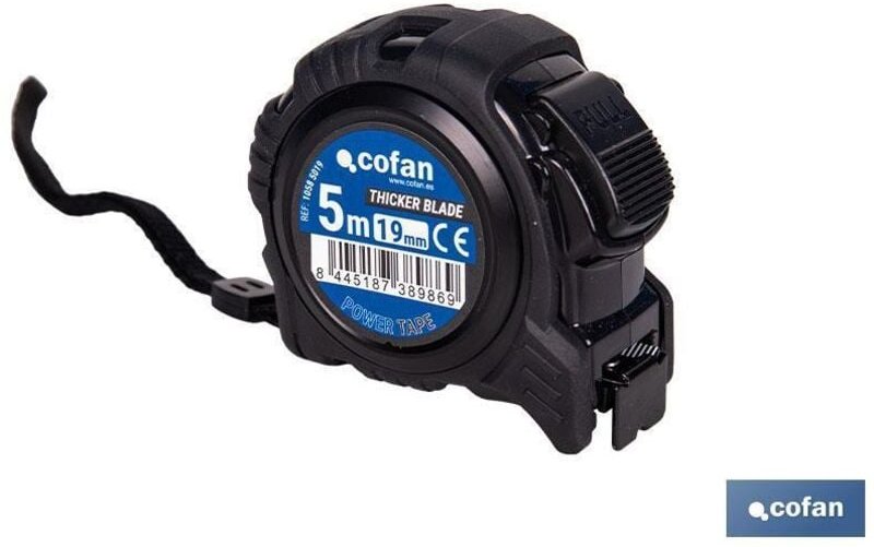 Cofan - Doppelseitiges Maßband mit schwarzer Klinge, Feststellknopf und stoßfestem Gehäuse, 8 m x 19 mm, aus abs und Met...