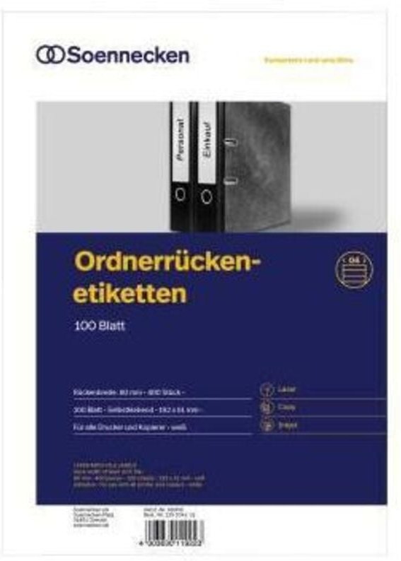 Soennecken - Ordnerrückenetikett schmal/kurz 38 x 192 mm (b x h) selbstklebend ohne Griffloch weiß 700 Etik./Pack.