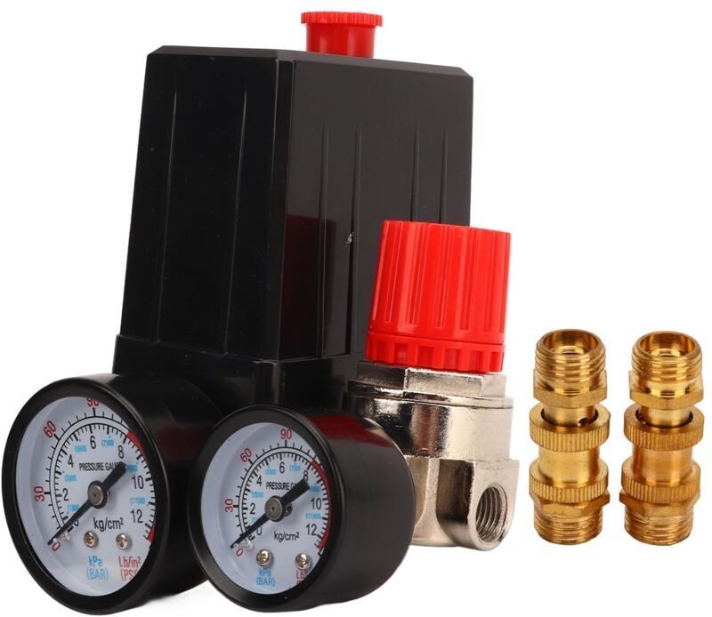 Jeffergarden Luftkompressor-Druckschalter - Messing/Edelstahl - 0,5-0,8 MPa - mit Manometern und Anschlüssen