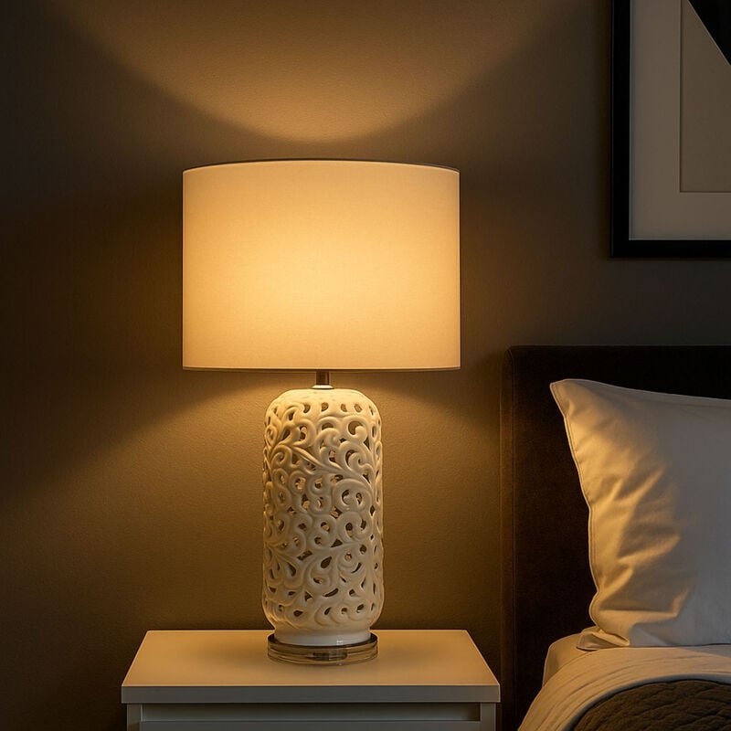 Tischleuchte Beistelllampe Nachttischlampe Keramik Textil Weiß Chrom h 71 cm