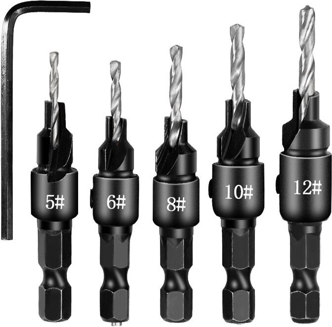 CCYKXA 5-teiliges Senkbohrer-Set, Fasenbohrer-Set, 1/4 Zoll, verstellbar, 5-teiliges Ersatzbohrer-Bits mit Sechskantschl...