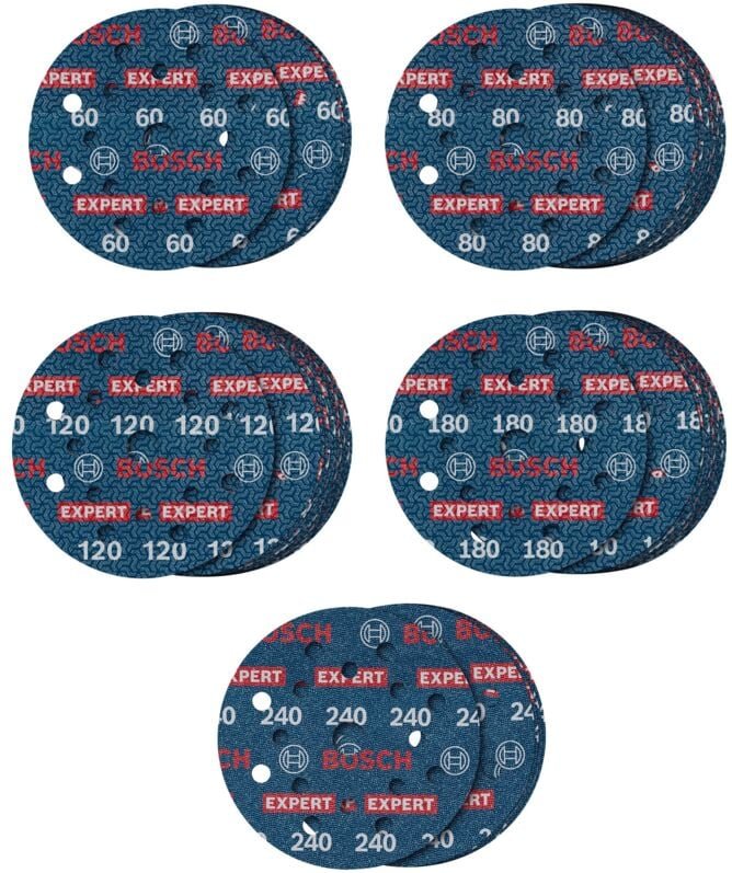Bosch EXPERT O780 Folienschleifscheiben-Set, 125 mm, G60 (5x) G80 (15x) G120 (15x) G180 (15x) G240 (5x), 55-tlg.