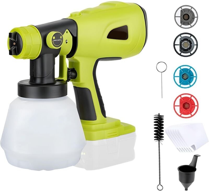 Akku-Farbspritzgerät für Ryobi 18V, elektrische HVLP-Farbspritzpistole mit 4 Düsen, 3 Sprühbildern und 1000-ml-Tank für ...