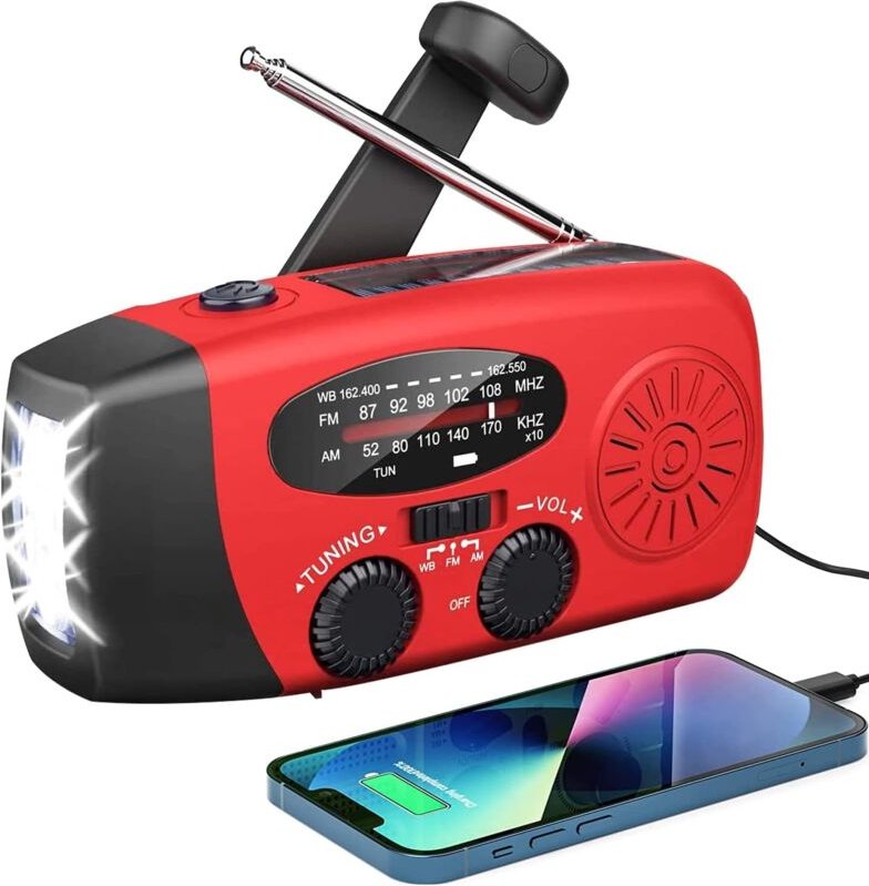Tragbares Solarradio, selbstbetriebenes AM/FM/NOAA-Radio mit Handkurbel, Dynamo-Wetterradio-Notfallgerät mit 3-LED-Tasch...