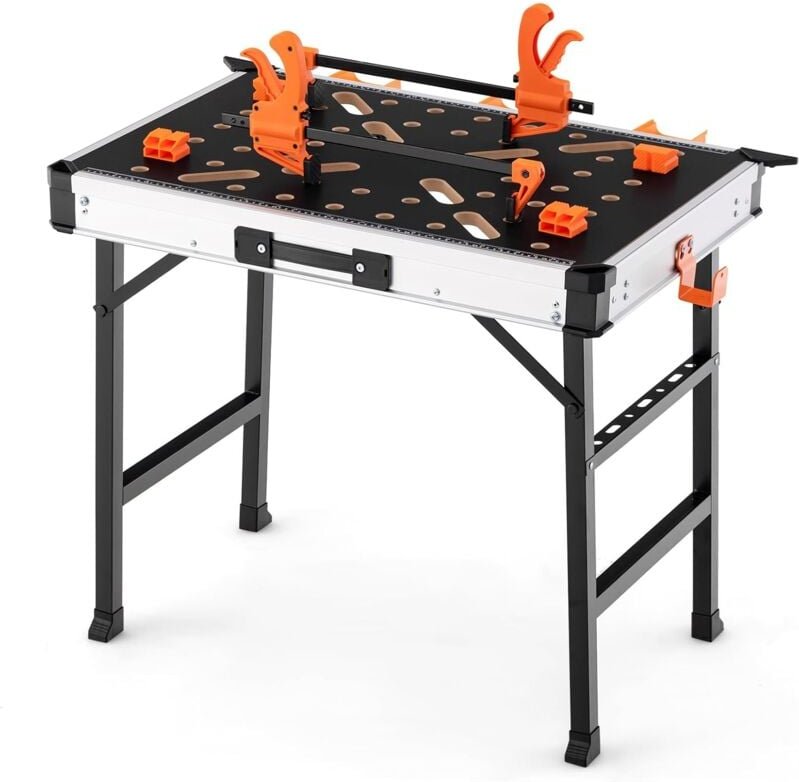 GOPLUS Werkbank klappbar, Arbeitstisch höhenverstellbar mit 454 kg Kapazität, 2 Schnellklemmen, 4 Klemmhaken & 3 Werkzeu...