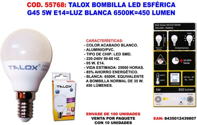 Fplus - Sphärische LED-Glühbirne G45 5W E14 Weiß 6500K 450 Lumen talox