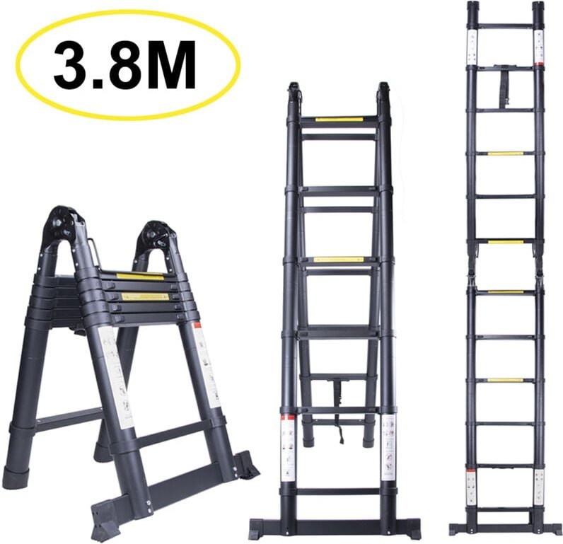 Teleskopische Aluminium-Klappleiter 3.8M(1.9+1.9), Multifunktionale Klappleiter für Heimwerker 150 kg Belastung, Vollstä...
