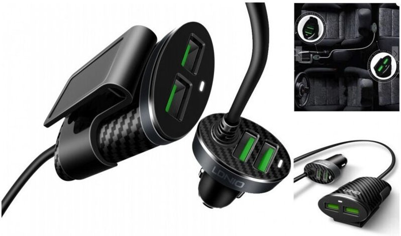 Trade Shop Traesio - Trade Shop - Autoladegerät mit Rücksitzverlängerer, USB-Akkuladegerät -