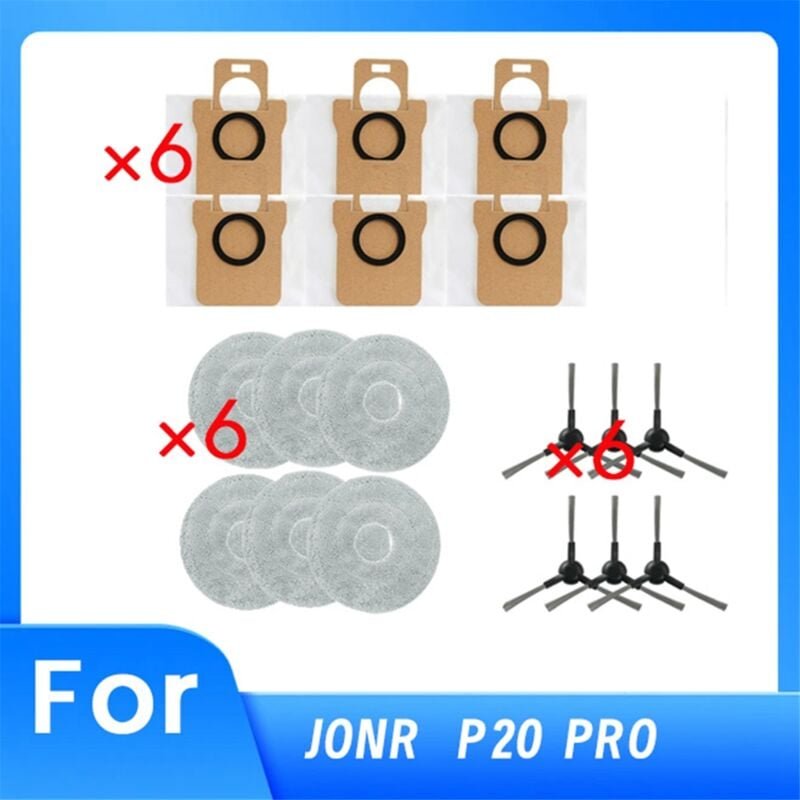 18-teiliges Ersatzteilset für den Roboterstaubsauger P20 PRO, 6 Mopptücher, 6 Staubbeutel, 6 Seitenbürsten