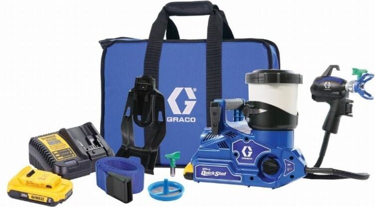 Ultra QuickShot Airless-Farbspritzpistole – Graco mit 2 x 18 v 2,0 Ah Dewalt-Akkus – 1 x Dewalt-Akkuladegerät – Tragetas...