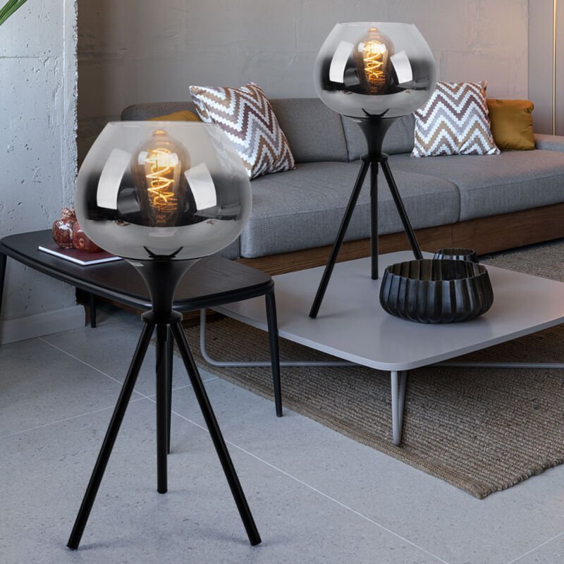 Thumbnail - Tischlampe Beistellleuchte Nachttischlampe Moderne Leseleuchte Dreibein Rauchglas, Metall schwarz, 1x E27 Fassung, DxH 2...