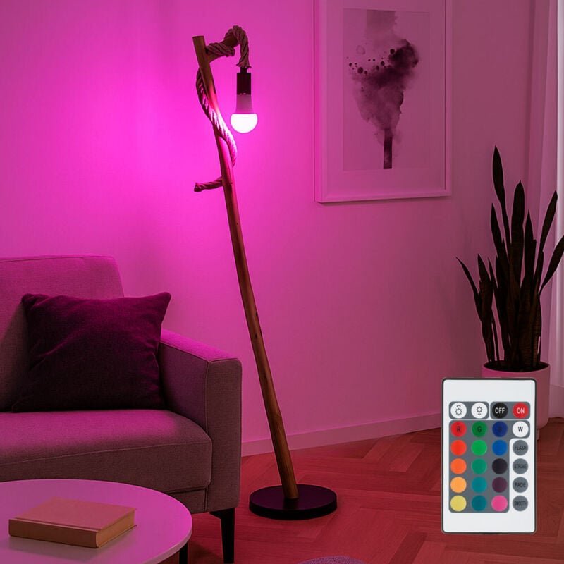 Stehlampe mit Fernbedienung dimmbar Standleuchte schwarz Holz Holzleuchte Hanfseil Landhausstil, Metall braun, 1x rgb le...