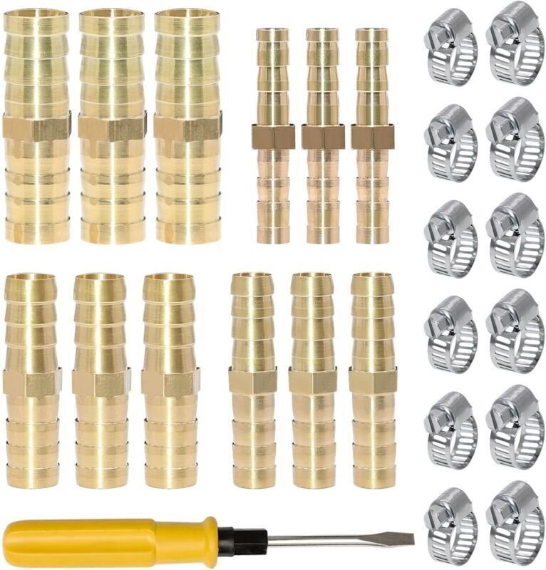 12-teiliges Set Messing-Kraftstoffschlauchverschraubungen 6/8/10/12 mm mit 12 Schlauchschellen und Schraubendreher, Gass...