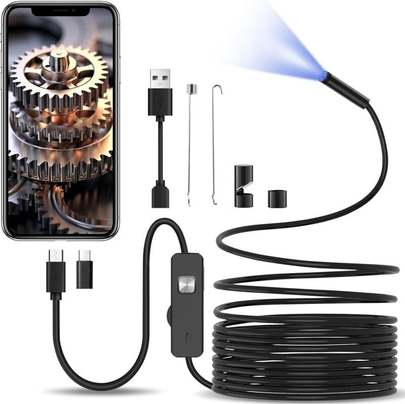 Thumbnail - Endoskopkamera mit Licht, Inspektionskamera für 10 m halbstarres Kabel, 8,0 mm Typ-C-Endoskop und 6 LEDs, USB-Endoskopka...