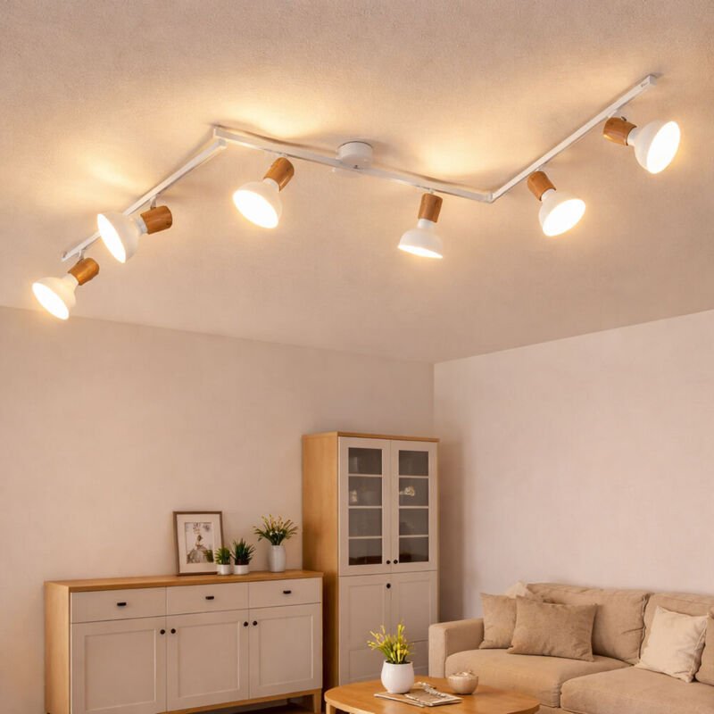 Deckenleuchte Deckenstrahler Schlafzimmerlampe Spotleiste, 6-flammig, verstellbar, Metall, Holzoptik, weiß, 6x E14 Fassu...