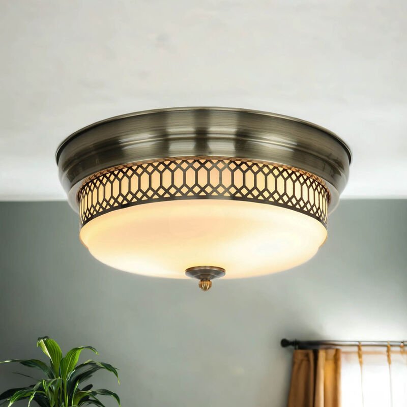 Thumbnail - Licht-erlebnisse - Deckenleuchte Metall Glas E27 IP44 rund d: 35 cm in Messing Antik Weiß 2-flammig Jugendstil