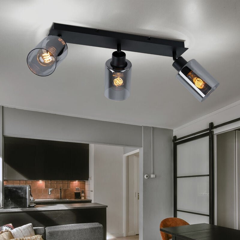 Deckenlampe schwenkbar Spotlampe schwarz Deckenleuchte Wohnzimmer 3 flammig, Metall, Glas rauch, 3x E27 Fassungen, LxH 4...