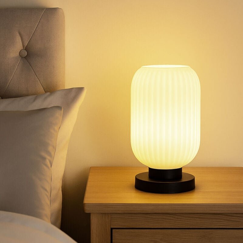 Led Tischlampe Nachttischleuchte Tischleuchte Glas opal Schlafzimmerleuchte schwarz, Metall, Kabelschalter, 1x 10,5W 105...
