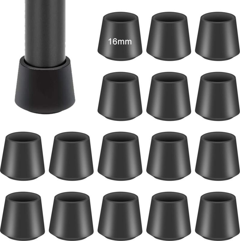 Gummifüße für Stühle – 16er-Packung, schwarzes Silikon, 16 mm, für Hartböden