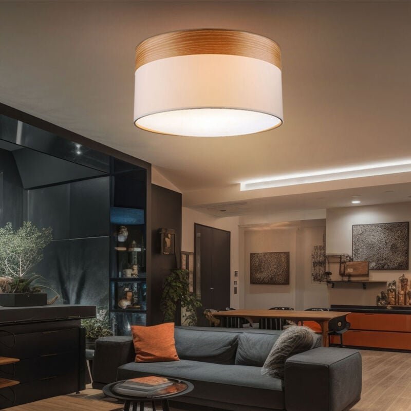 Thumbnail - Globo - Deckenleuchte Deckenlampe Wohnzimmer Leuchte rund Holz Textil beige, Metall Stoff, 3x E27 Fassungen, DxH 40x25 c...
