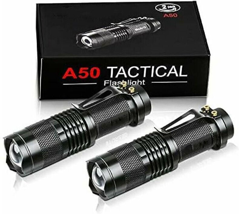 Jalleria - Mini-Taschenlampe, 2 Stück, Aluminium, extrem leistungsstarke LED-Taschenlampe mit Clip, 3 Modi zoombare Tasc...