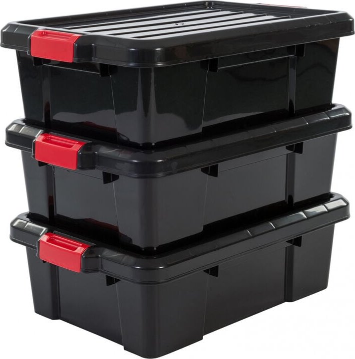 3er-Set, Aufbewahrungsbox, diy, 25 l, mit Clips, stapelbar, Garage - Power Box SK-230 - Schwarz - Iris Ohyama