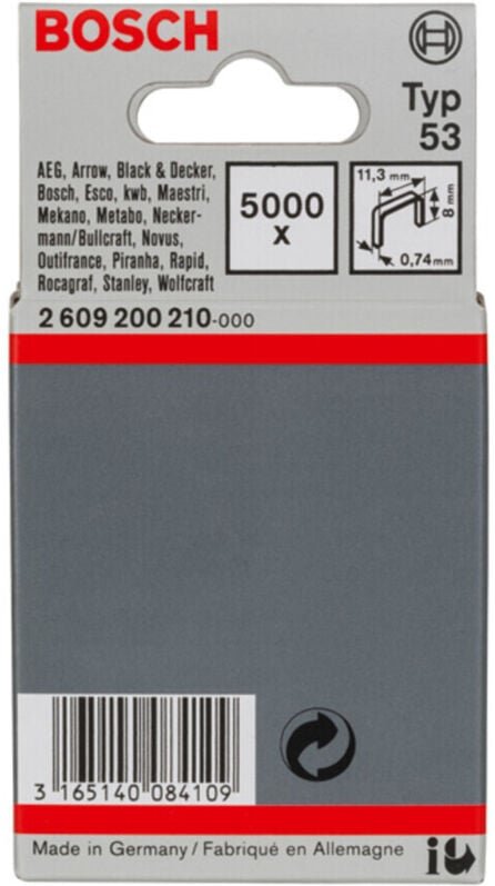 Feindrahtklammer Typ 53, 11,4 x 0,74 x 8 mm, 5000er-Pack - Bosch