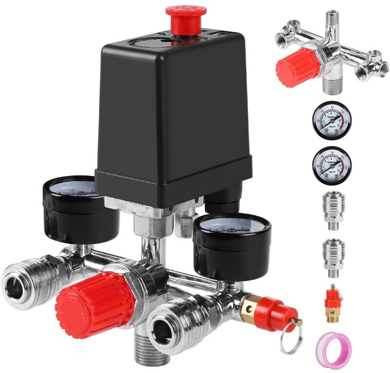 240V Luftkompressor-Druckschalter Druckregler mit Manometer, Sicherheitsventil und Anschlüssen 90-120 PSI