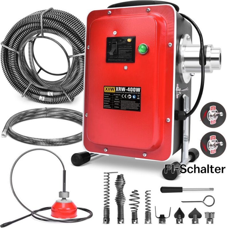 400W 450U/min Elektrische Rohrreinigungsmaschine mit FI-Schalter für Ø30-100mm Rohrleitungen Rohrreinigungsspirale Ø10mm...