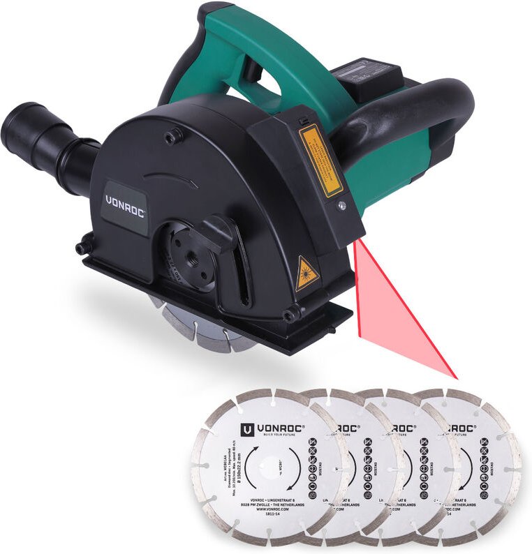 Vonroc - Mauernutfräse mit Laser - 1700W - 150mm - Inklusive 6 Diamantscheiben, Staubsaugeradapter und Aufbewahrungsbeut...