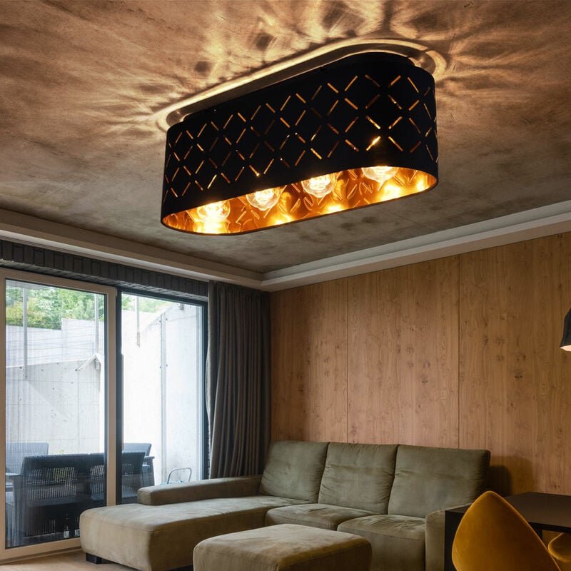 Deckenleuchte 4 flammig Esszimmer Deckenlampe Stoffschirm schwarz gold Muster, Dekorlinien Textil, Fassungen 4x E27, LxB...
